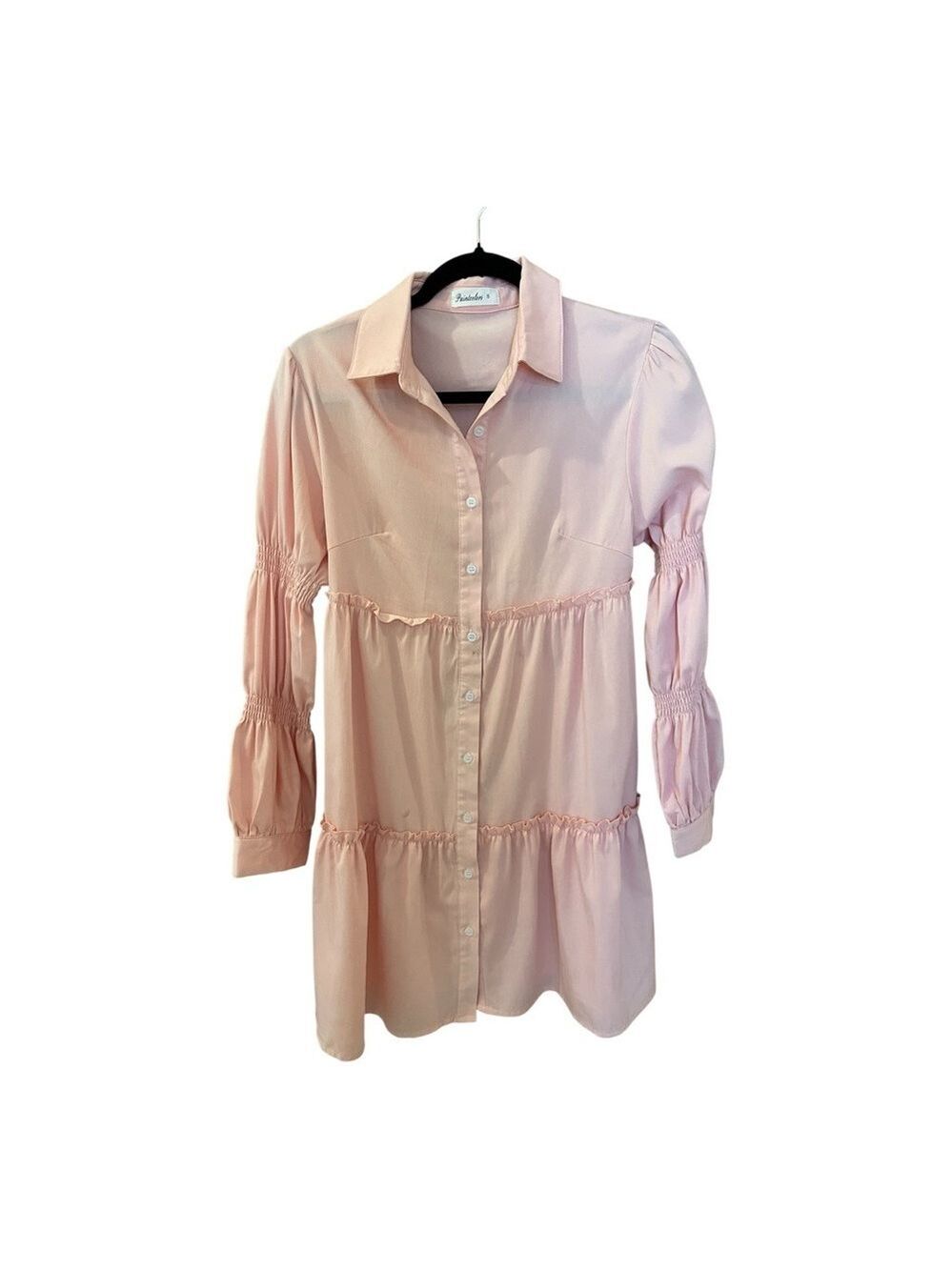 Paintcolors Button-Up Long-Sleeved Mini Dress, Size S, Pink, Ruffles & Smocking.
